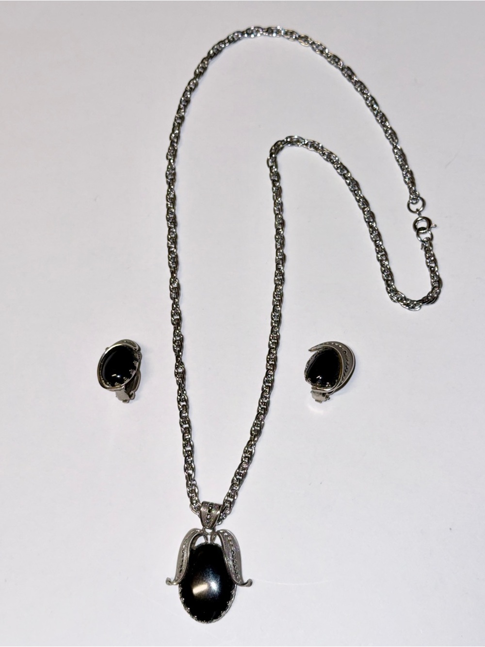 Vintage Western Germany black agate necklace and clip Earrings Set